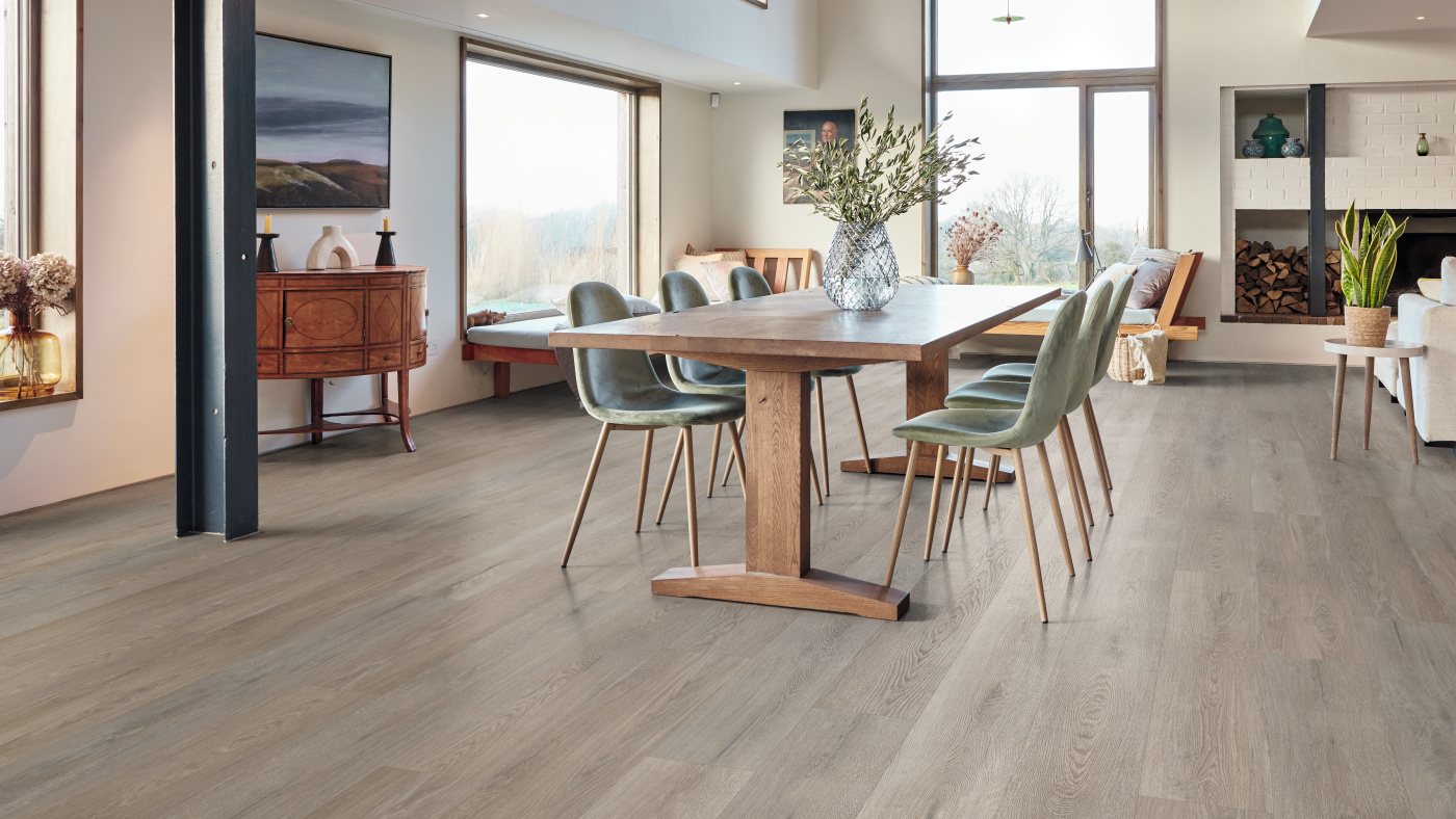 light oak flooring in a modern open plan kitchen dinning room