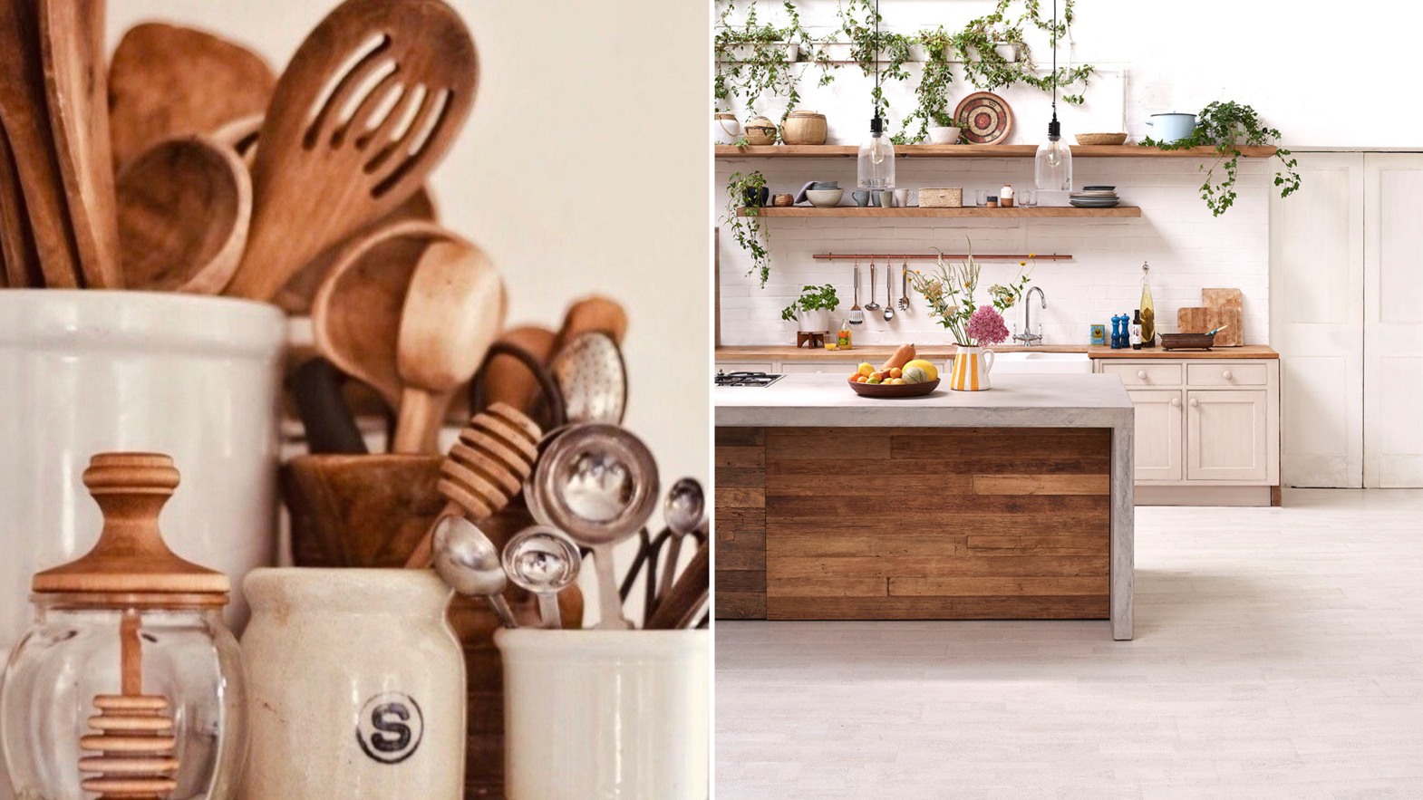 Wooden kitchen utensils and a kitchen featuring wood finishes, white tiles and plants