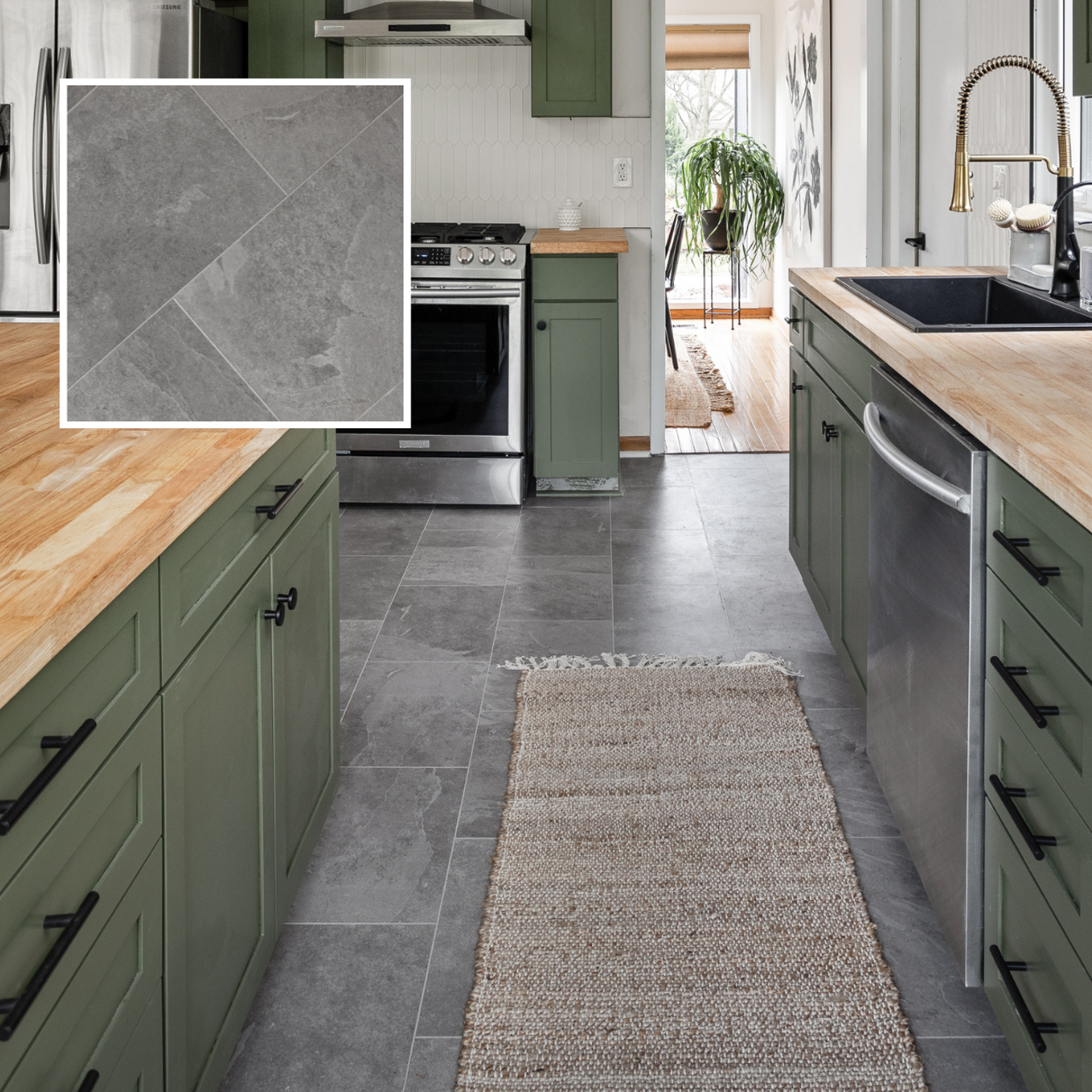 Grey Riven Slate ST16 with DS12 design strips in a kitchen designed by Mina Starsiak Hawk on Good Bones Season 8