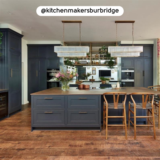 Kitchen with Antique French Oak RKP8110 floors and dark cabinets; photo credit: @kitchenmakersburbridge