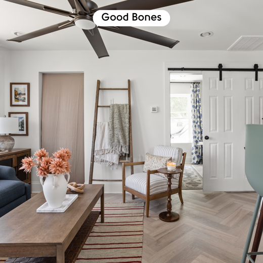 Herringbone Texas White Ash SM-RKP8105 floors in an apartment designed by Mina Starsiak Hawk on Good Bones; photo credit: Cory Phillips, The Home Aesthetic